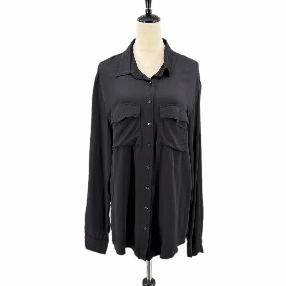 Indah NEW Black 100% Bamboo Button Up Collared Polished Professional Blouse Top
